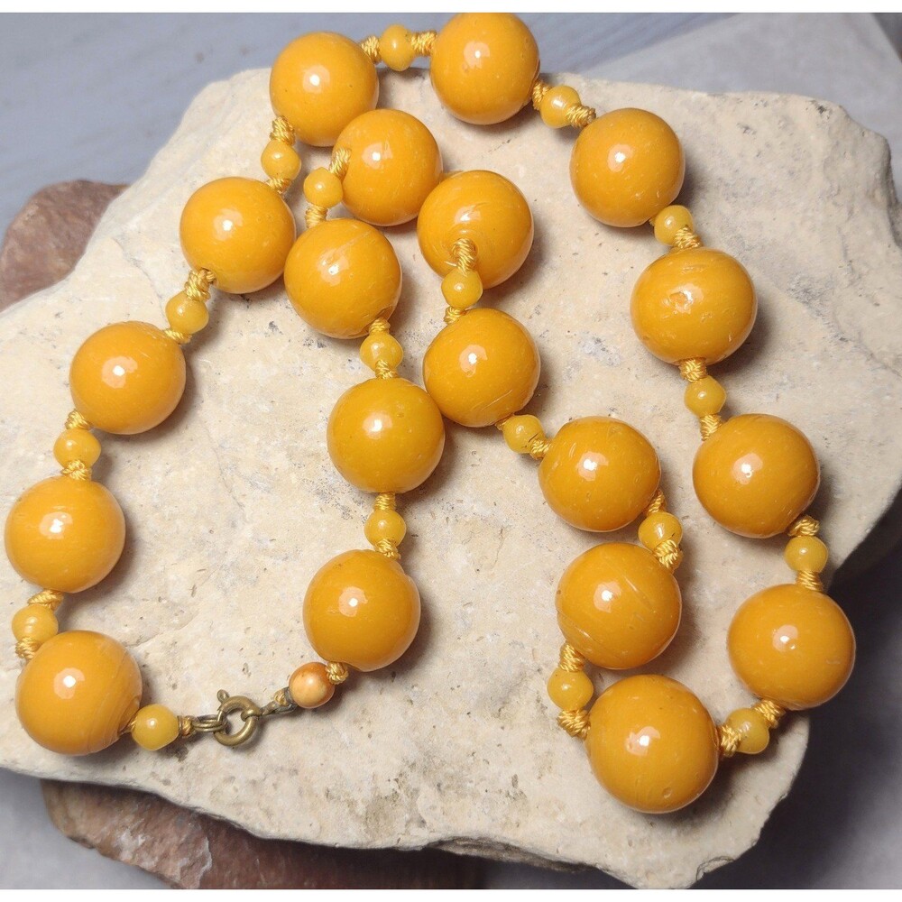 Vintage 1930s Art Deco Czech Glass Butterscotch Gumball Beaded Long Necklace 22"